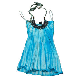 NWT Sky Womens Tank‎ Top Sleeveless Tie Dye Beaded Halter Neck Blue Boho Size XS